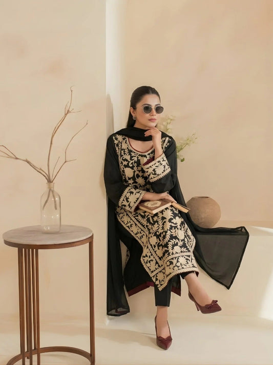 Black-Tawakal Closet Cotton Embroidered Stitched 3-Piece Suit-Armeen
