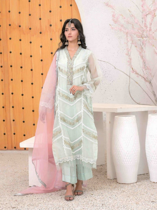 Mint Green-Ruby's Couture Organza Embroidered Stitched 4-Piece Suit-Tara