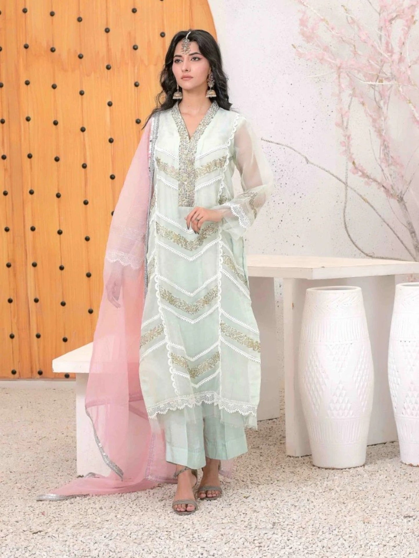Mint Green-Ruby's Couture Organza Embroidered Stitched 4-Piece Suit-Tara