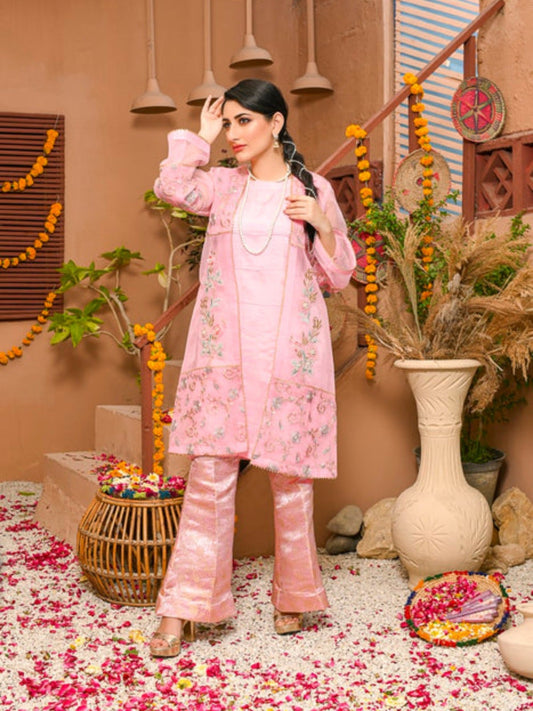 Pink-Ruby's Couture Organza Embroidered Stitched 4-Piece Suit-Sehar
