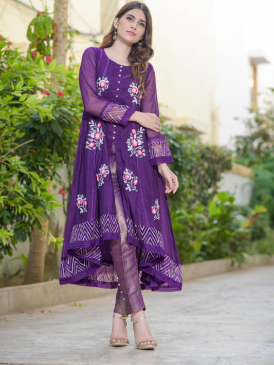 Purple-Ruby's Couture Cotton Net Embellished Stitched 4-Piece Suit-Tasveer-e-Aab