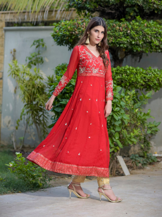 Red-Ruby's Couture Chiffon Embellished Pishwas-Arzoo-e-Dil