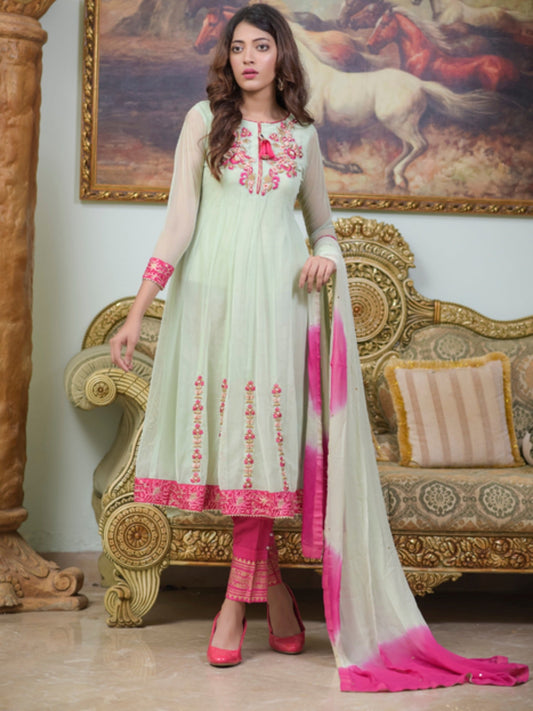 Pink and Mint Green-Ruby's Couture Net Embellished Stitched 4-Piece Suit-Afreen