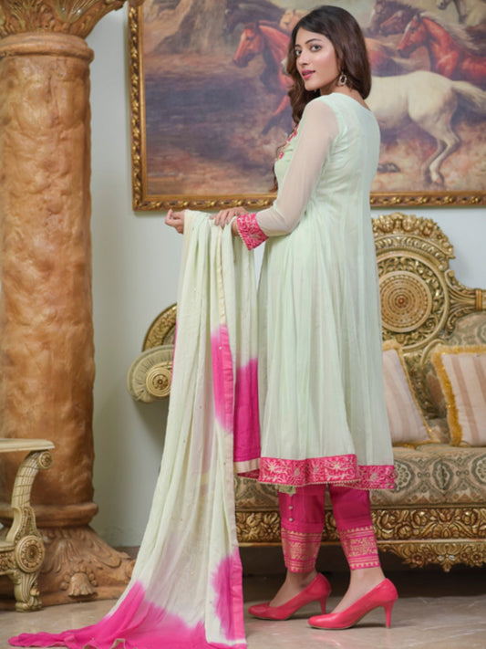 Pink and Mint Green-Ruby's Couture Net Embellished Stitched 4-Piece Suit-Afreen