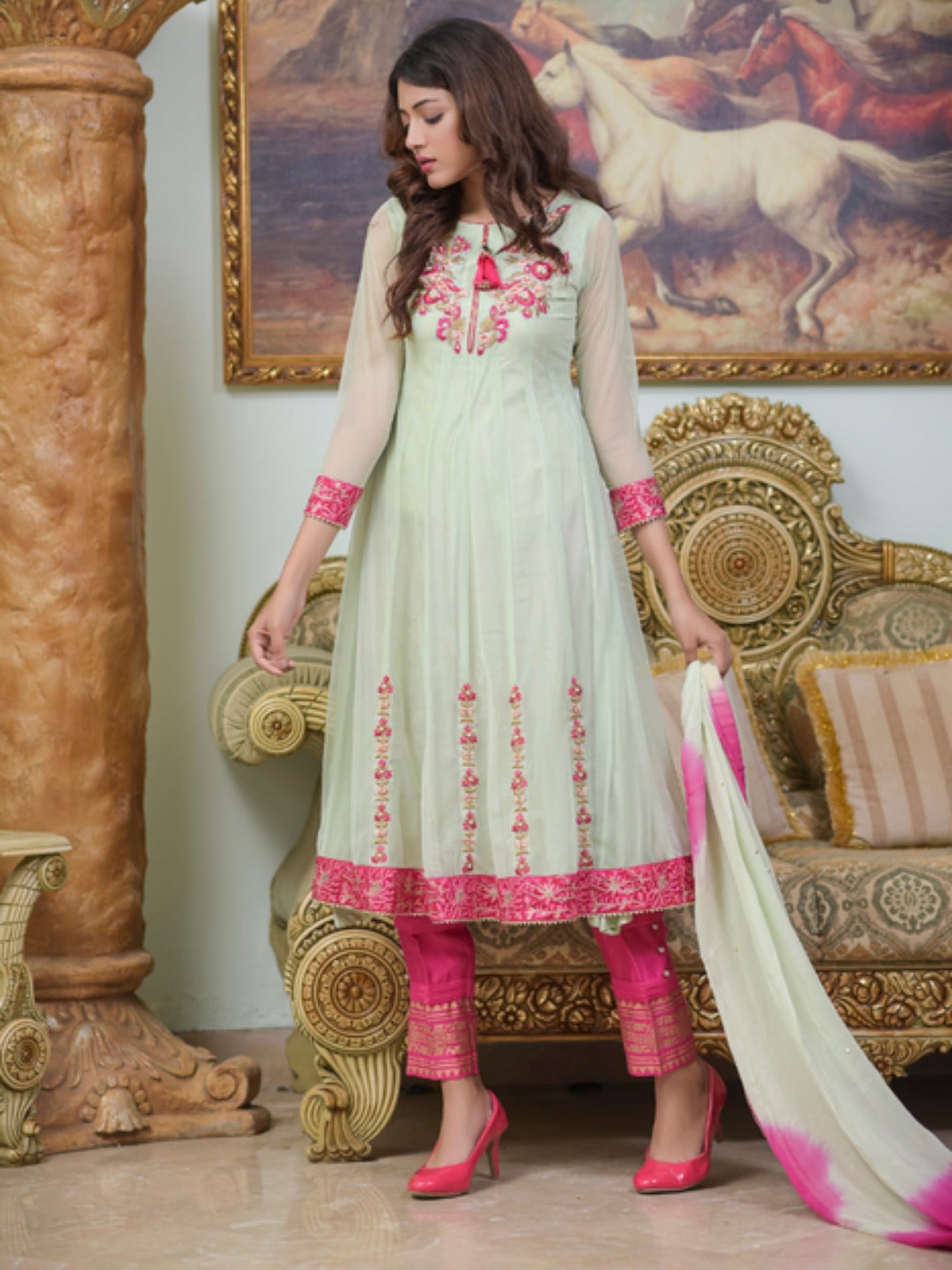 Pink and Mint Green-Ruby's Couture Net Embellished Stitched 4-Piece Suit-Afreen