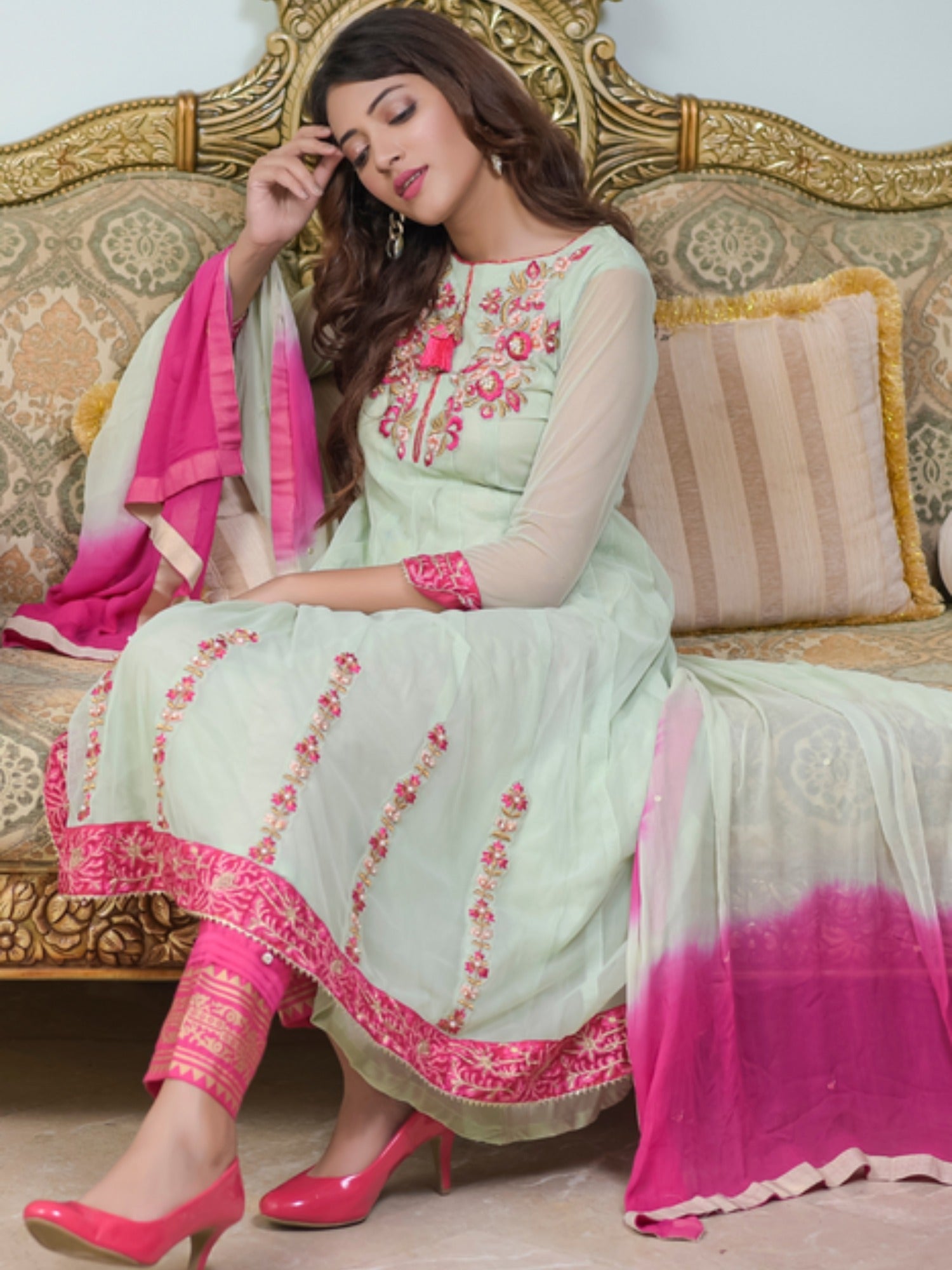 Pink and Mint Green-Ruby's Couture Net Embellished Stitched 4-Piece Suit-Afreen