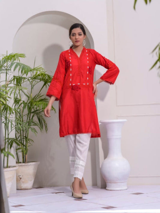 Red-Ruby's Couture Cotton Embellished Stitched 3-Piece Suit-Remi