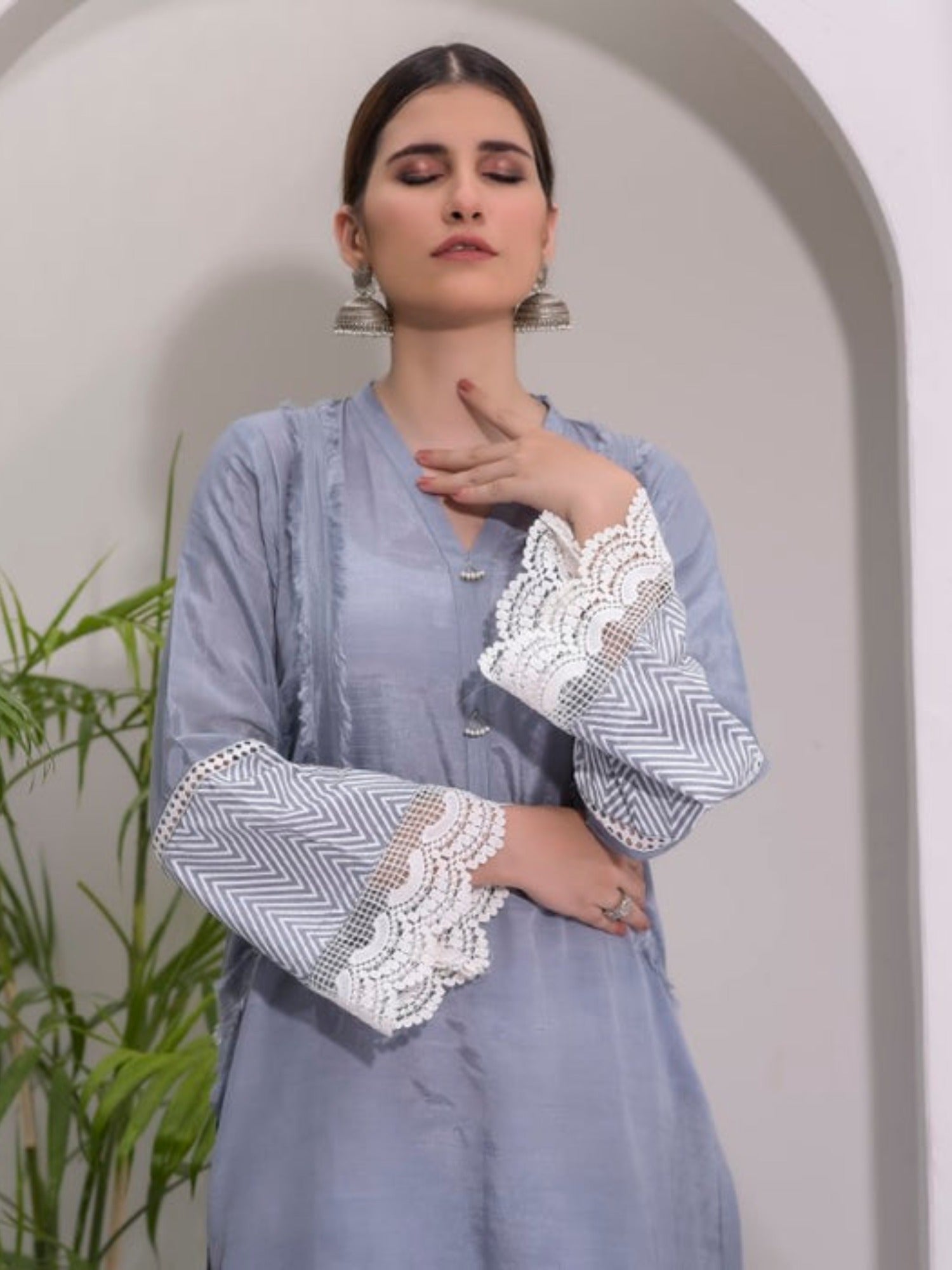 Grey-Ruby's Couture Raw Silk Printed Stitched 3-Piece Suit-Leela
