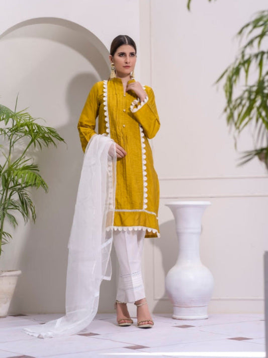 Yellow-Ruby's Couture Raw Silk Printed Stitched 3-Piece Suit-Sunflower