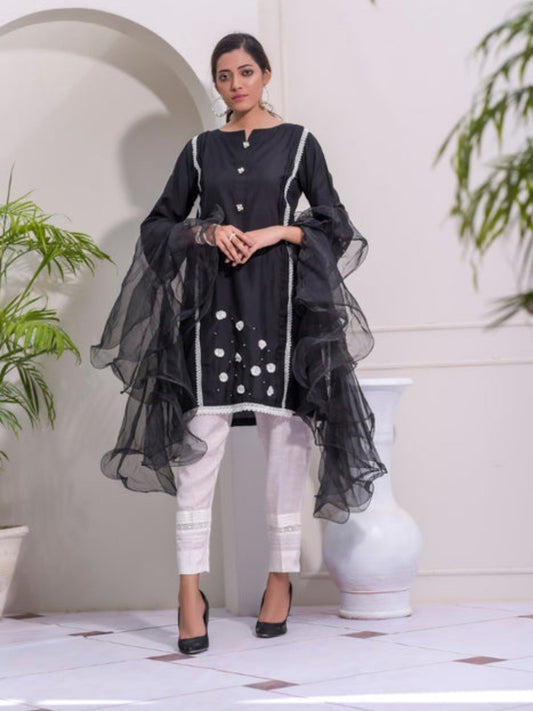 Black and White-Ruby's Couture Cotton Stitched 3-Piece Suit-Alene Black
