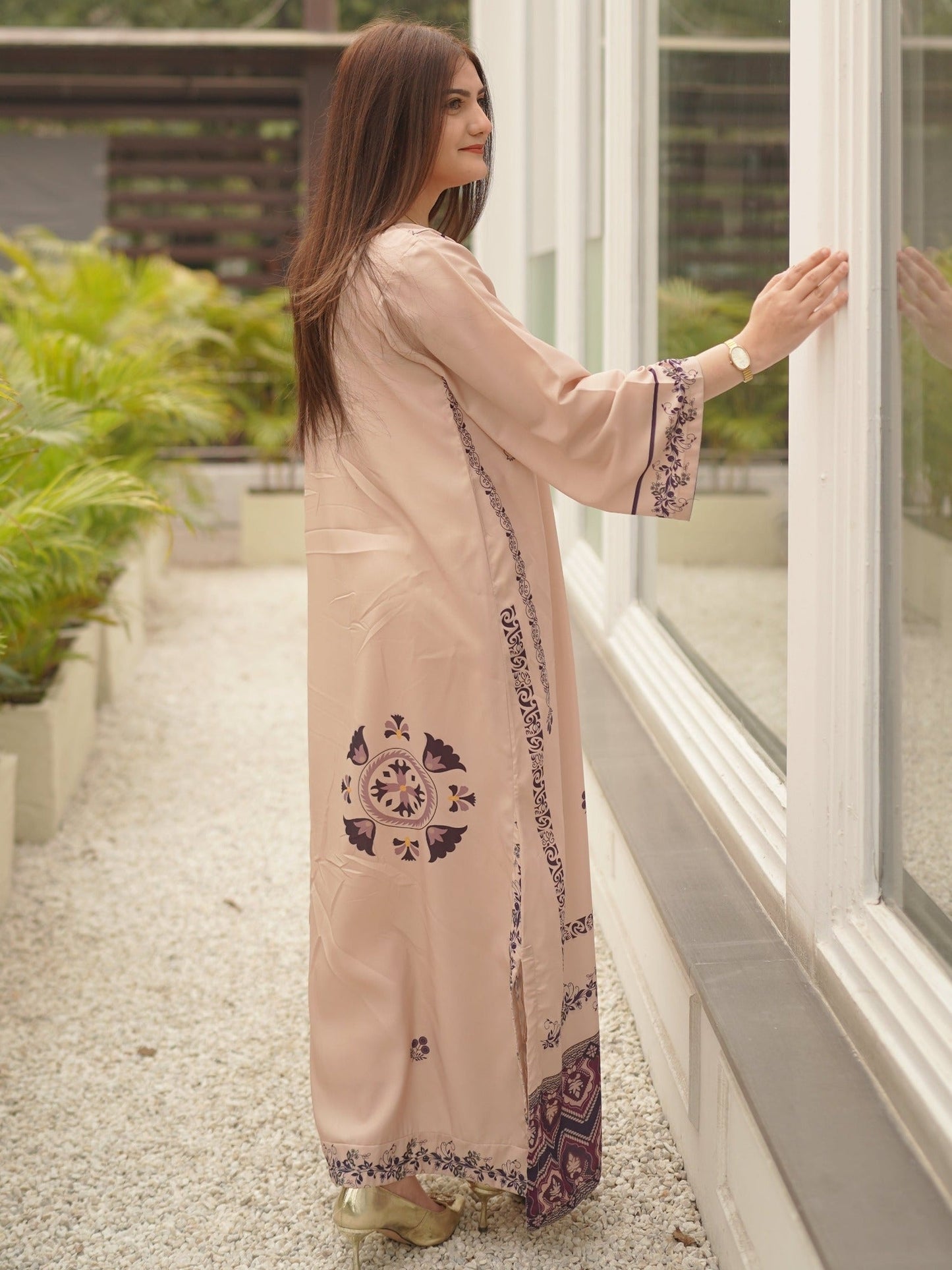 Beige MH Cloth House Blended Lawn Printed Kaftan-Azora