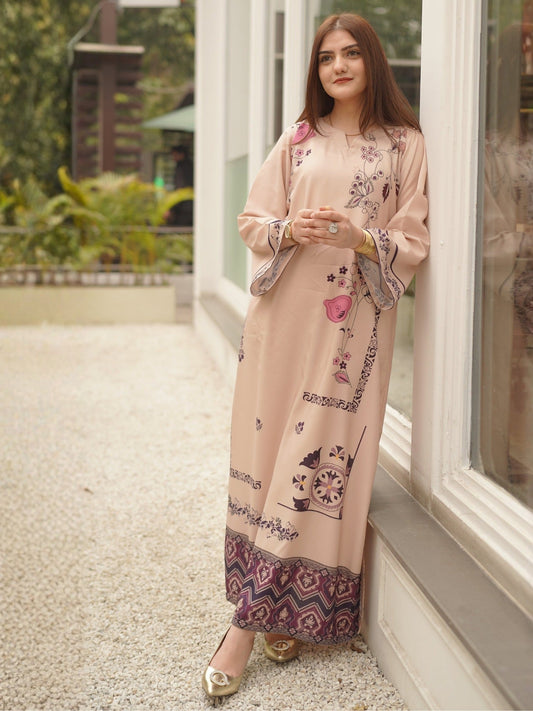Beige MH Cloth House Blended Lawn Printed Kaftan-Azora