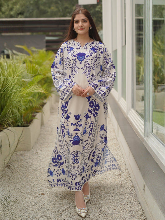 Ivory Blue MH Cloth House Blended Lawn Printed Kaftan-Blue Muse