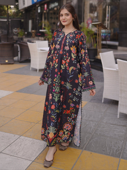 Black Multi MH Cloth House Blended Lawn Printed Kaftan-Ember Garden