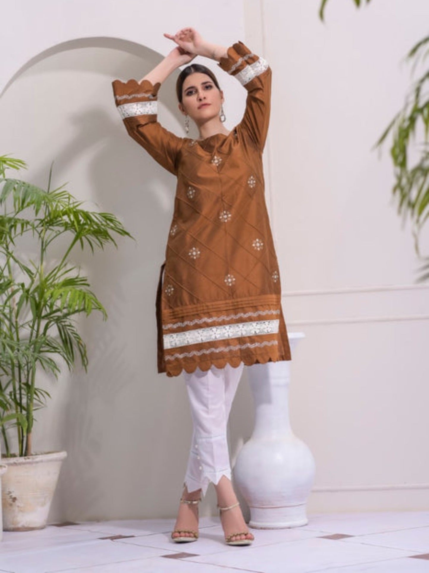 Brown and White-Ruby's Couture Cotton Silk Stitched 3-Piece Suit-Hussan-e-Ada