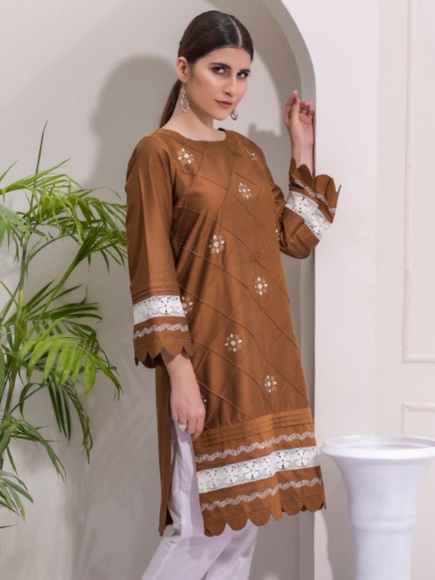 Brown and White-Ruby's Couture Cotton Silk Stitched 3-Piece Suit-Hussan-e-Ada