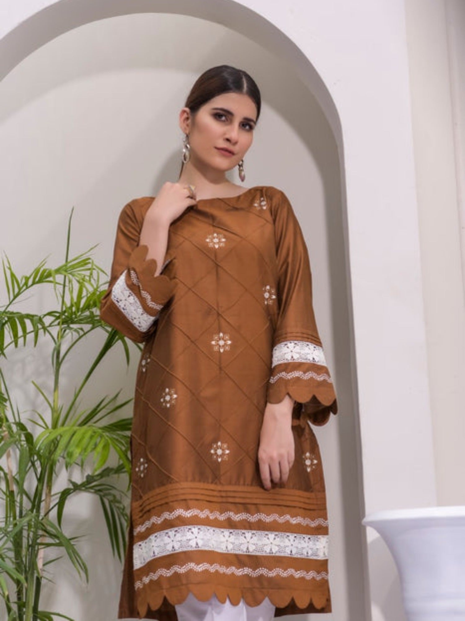 Brown and White-Ruby's Couture Cotton Silk Stitched 3-Piece Suit-Hussan-e-Ada
