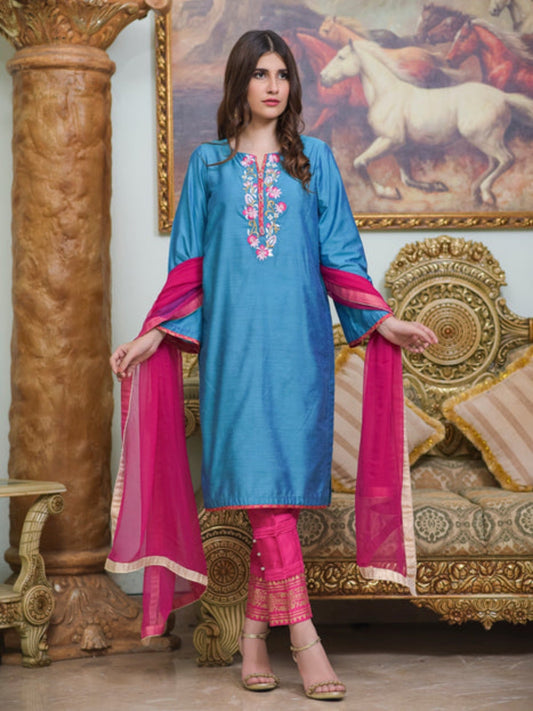 Pink and Blue-Ruby's Couture Cotton Silk Stitched 3-Piece Suit-Nazakat