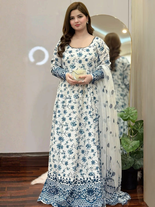 White Blue MH Cloth House Blended Lawn Printed 2-Piece Suit-Jehona