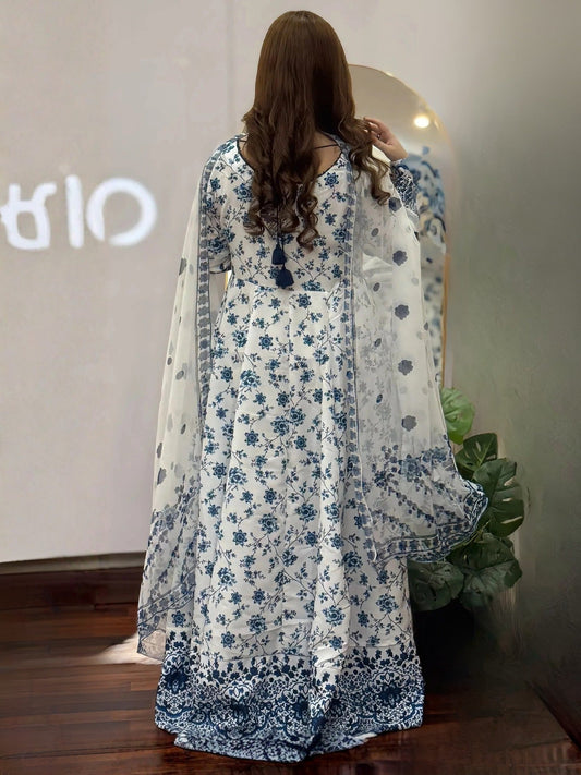 White Blue MH Cloth House Blended Lawn Printed 2-Piece Suit-Jehona