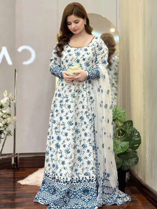 White Blue MH Cloth House Blended Lawn Printed 2 Piece Suit Jehona