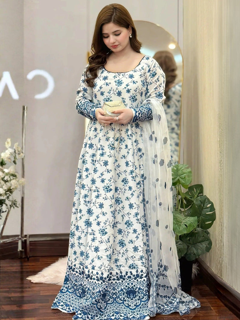 White Blue MH Cloth House Blended Lawn Printed 2 Piece Suit Jehona