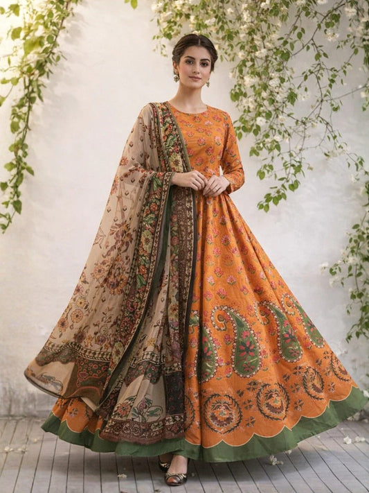 Orange MH Cloth House Blended Lawn Printed 2-Piece suit-Zarfashan