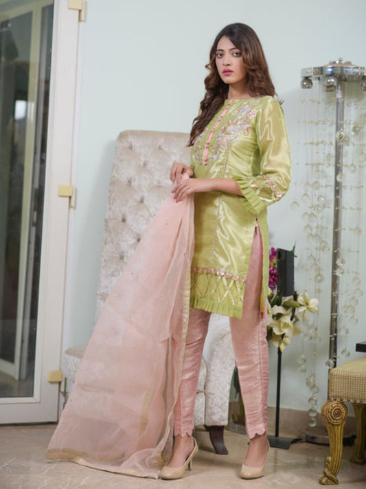 Pink and Mint green-Ruby's Couture Tissue Embroidered Stitched 4-Piece Suit-Zeenat