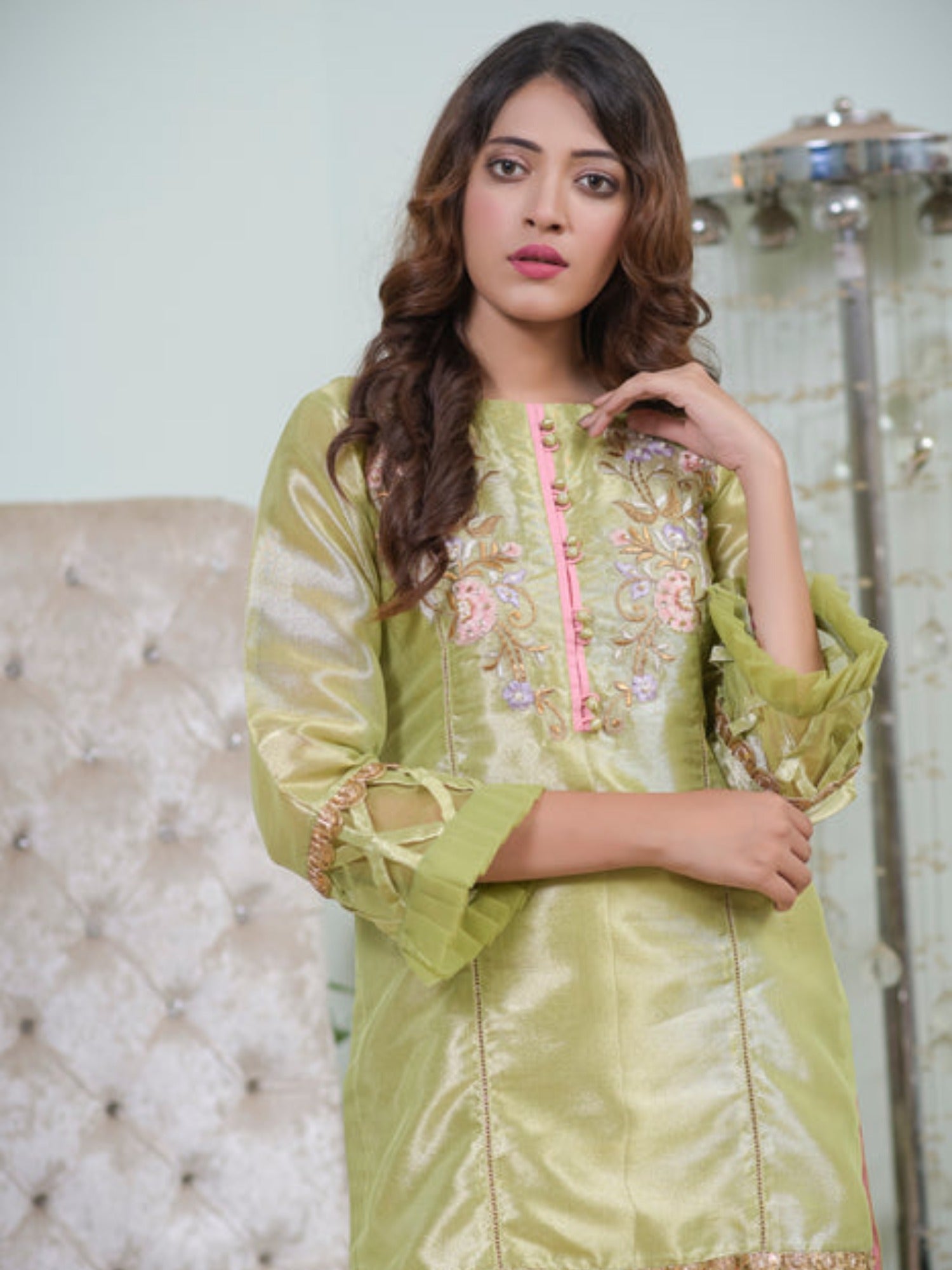 Pink and Mint green-Ruby's Couture Tissue Embroidered Stitched 4-Piece Suit-Zeenat