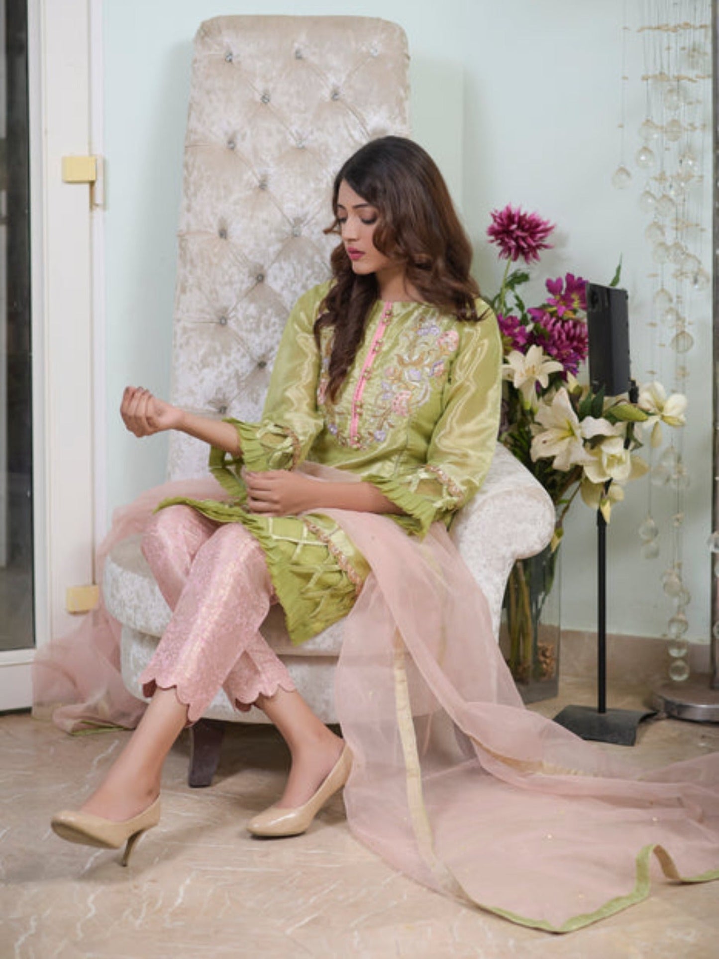 Pink and Mint green-Ruby's Couture Tissue Embroidered Stitched 4-Piece Suit-Zeenat
