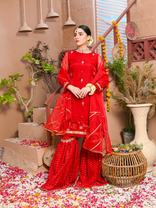Red-Ruby's Couture Organza Embellished Gharara-Mehr