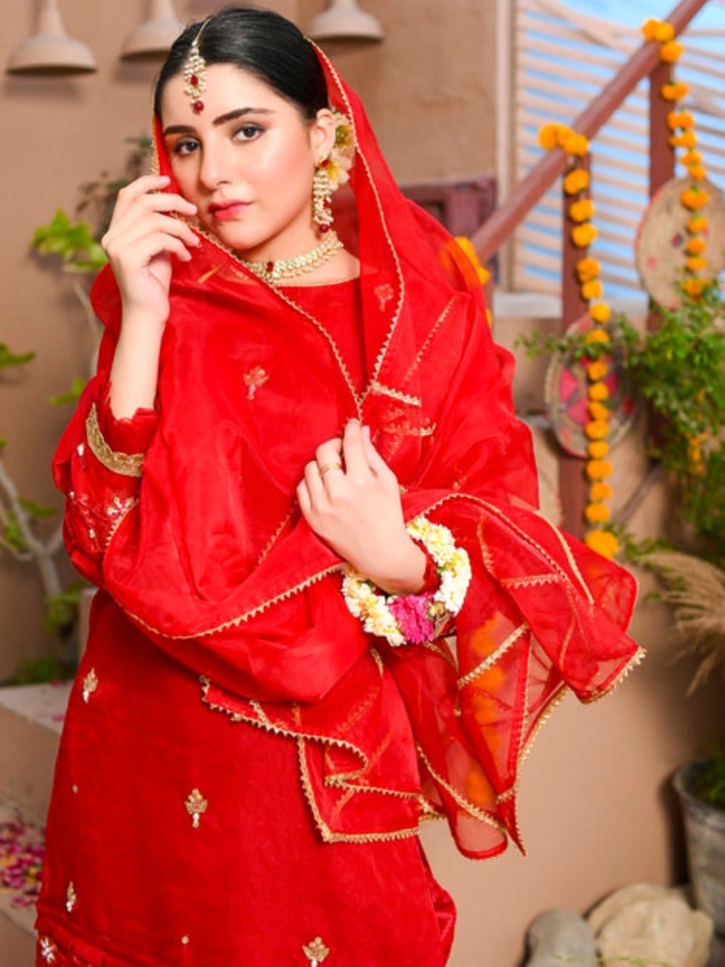 Red-Ruby's Couture Organza Embellished Gharara-Mehr