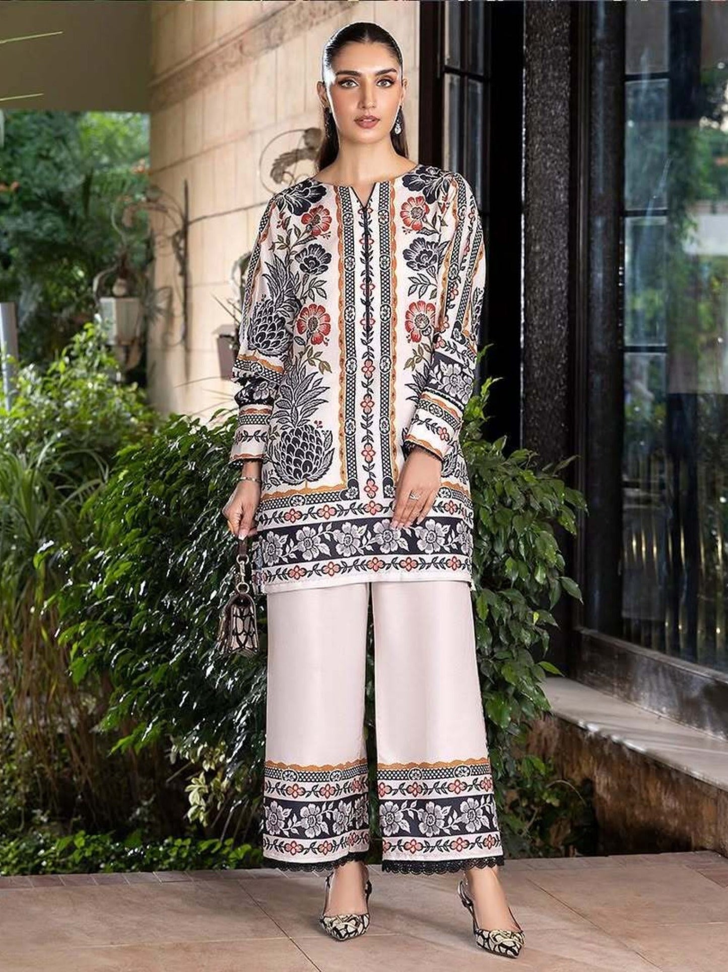 Cream Multi MH Cloth House Blended Lawn Printed Co-Ord Set-Parwana