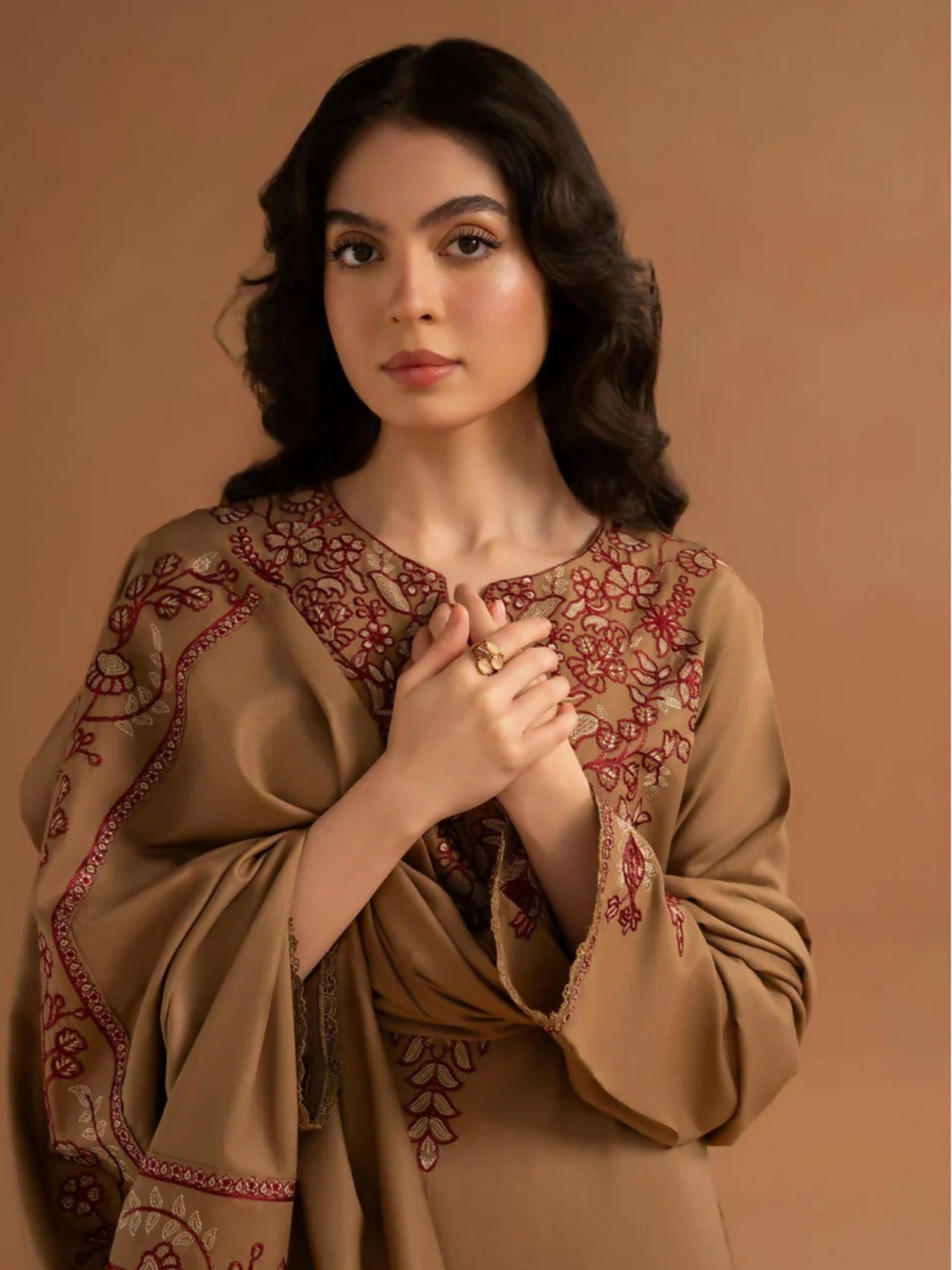 Brown-Zeephire Dhanak Embroidered Stitched 3-Piece Suit-Aura