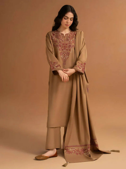 Brown-Zeephire Dhanak Embroidered Stitched 3-Piece Suit-Aura