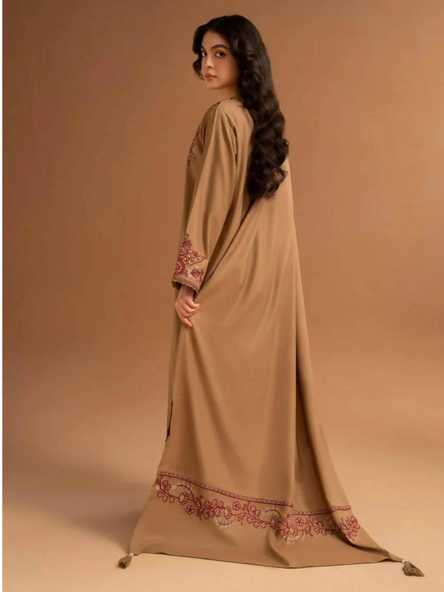 Brown-Zeephire Dhanak Embroidered Stitched 3-Piece Suit-Aura
