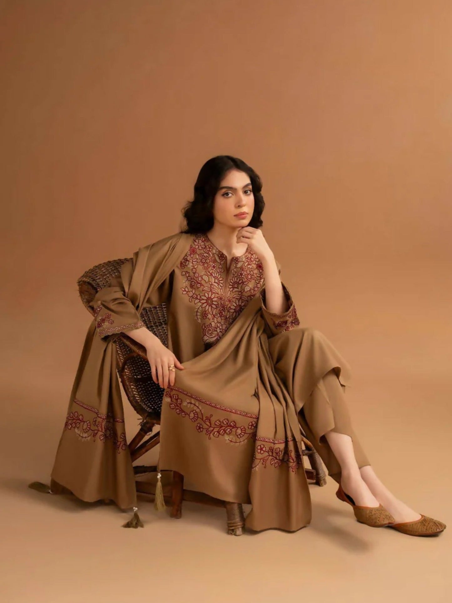 Brown-Zeephire Dhanak Embroidered Stitched 3-Piece Suit-Aura