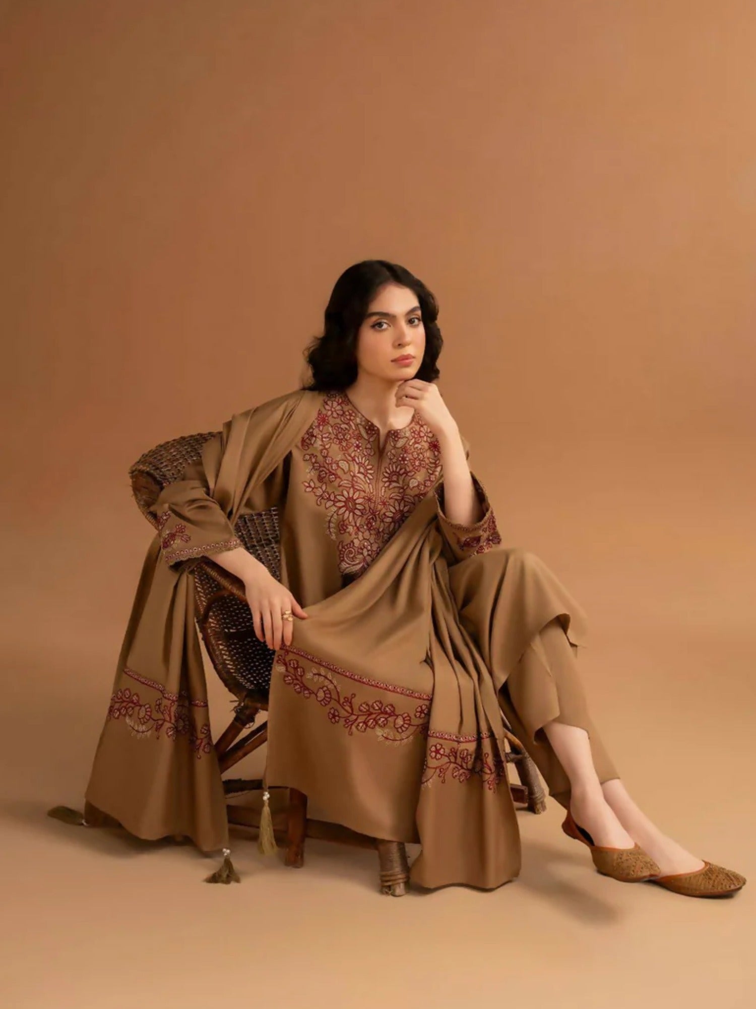 Brown-Zeephire Dhanak Embroidered Stitched 3-Piece Suit-Aura