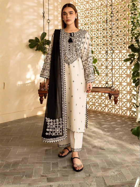 Black-Silai Libas Linen Embroidered Stitched 3-Piece Suit-Arfa