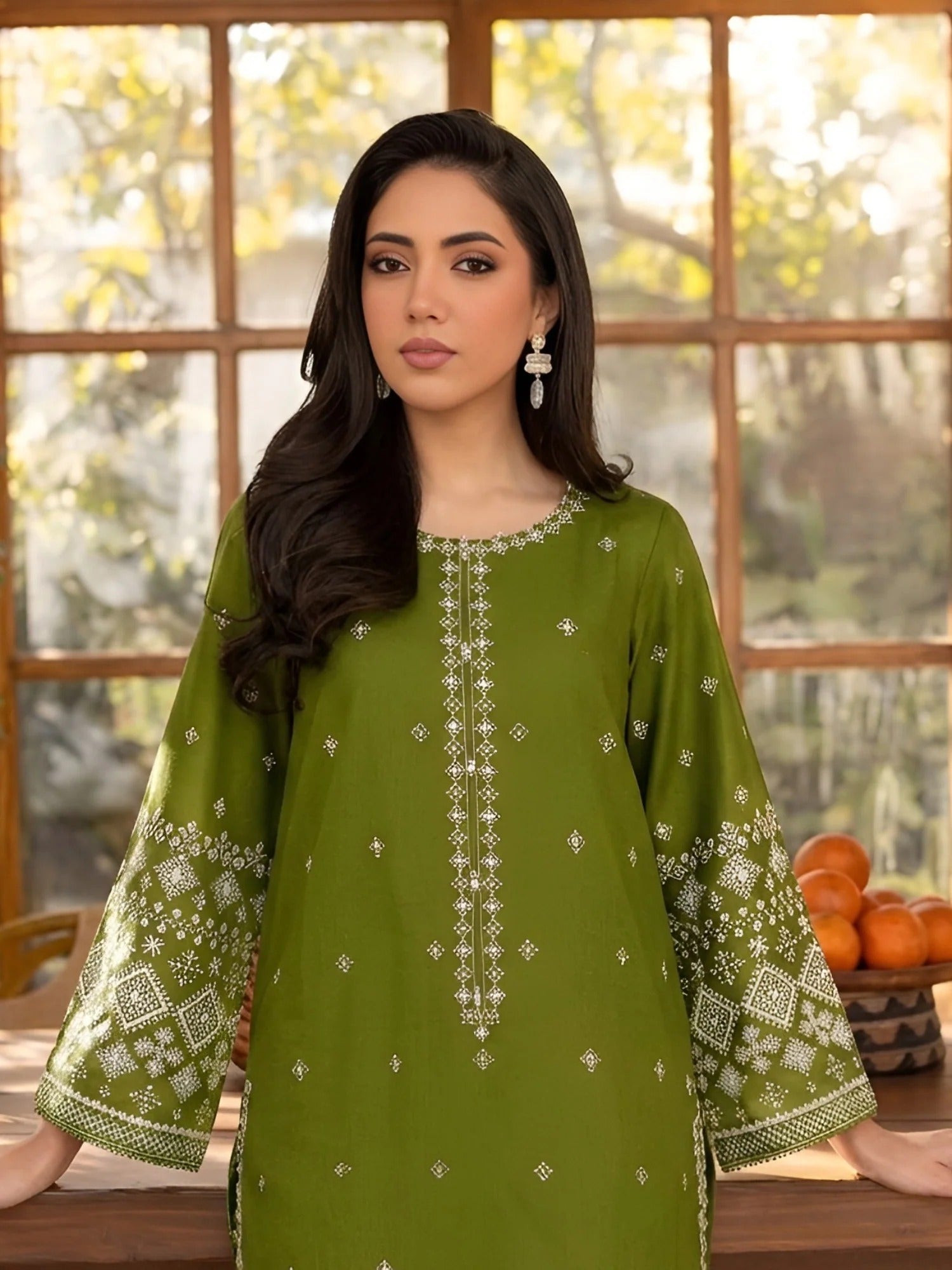 Green-Silai Libas Linen Embroidered Stitched 2-Piece Suit-Decent Rose