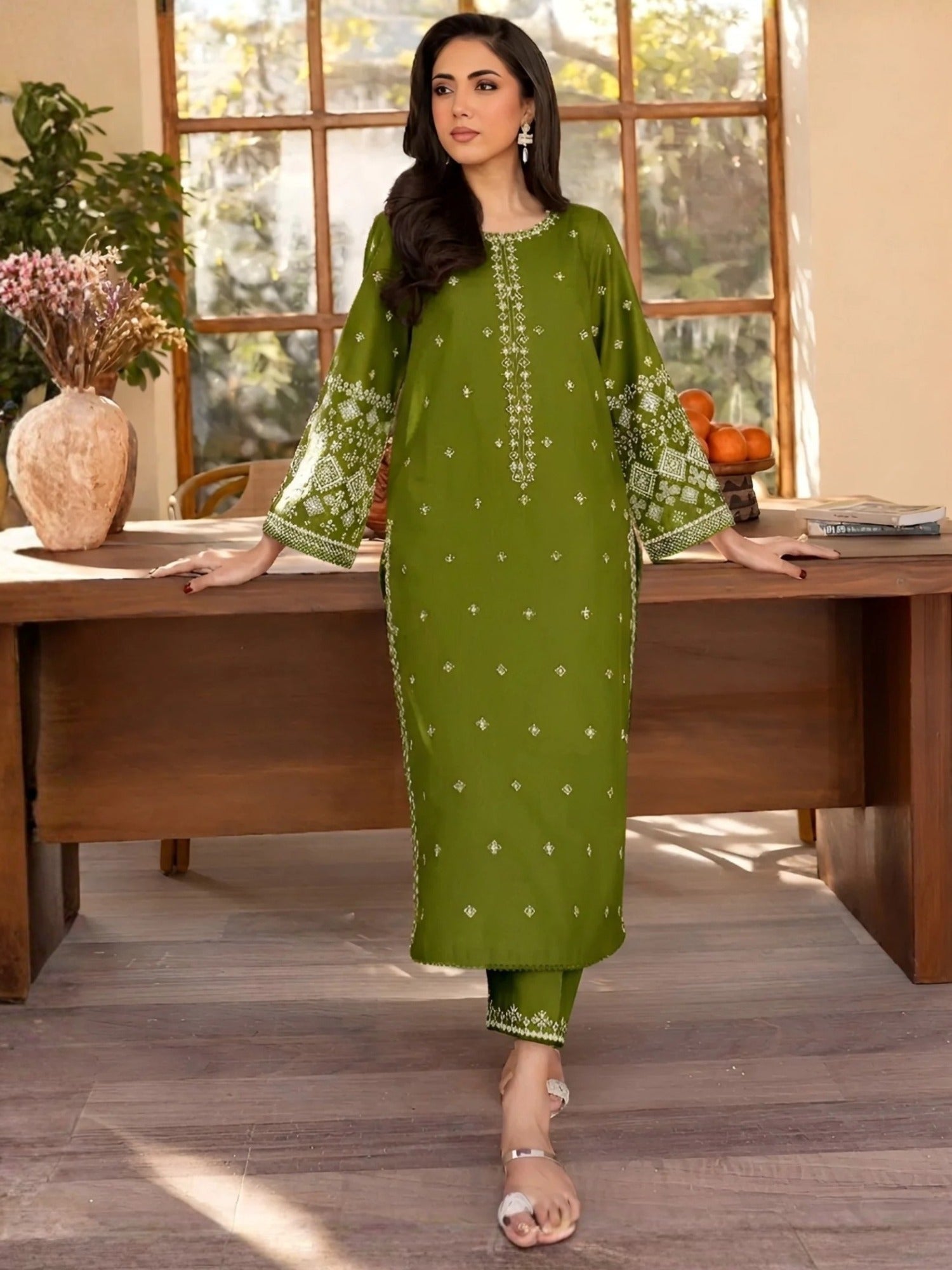 Green-Silai Libas Linen Embroidered Stitched 2-Piece Suit-Decent Rose