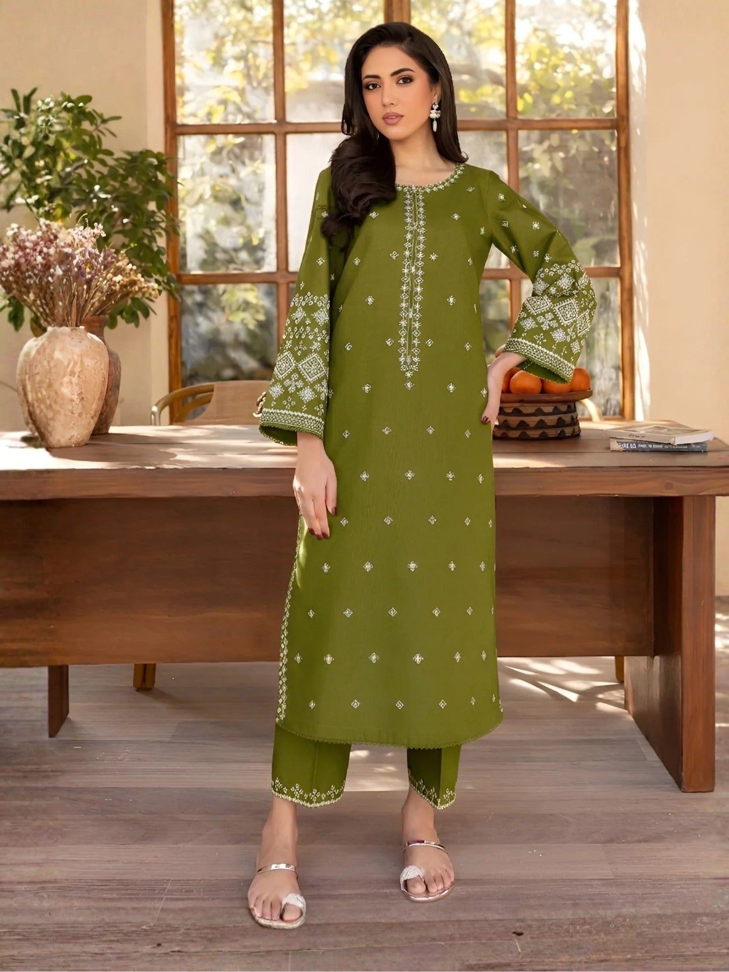 Green-Silai Libas Linen Embroidered Stitched 2-Piece Suit-Decent Rose