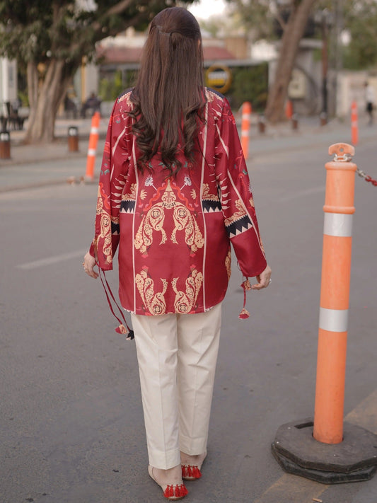 Cream Mahroon MH Cloth House Blended Lawn Printed Co-Ord Set-Saffron Flame