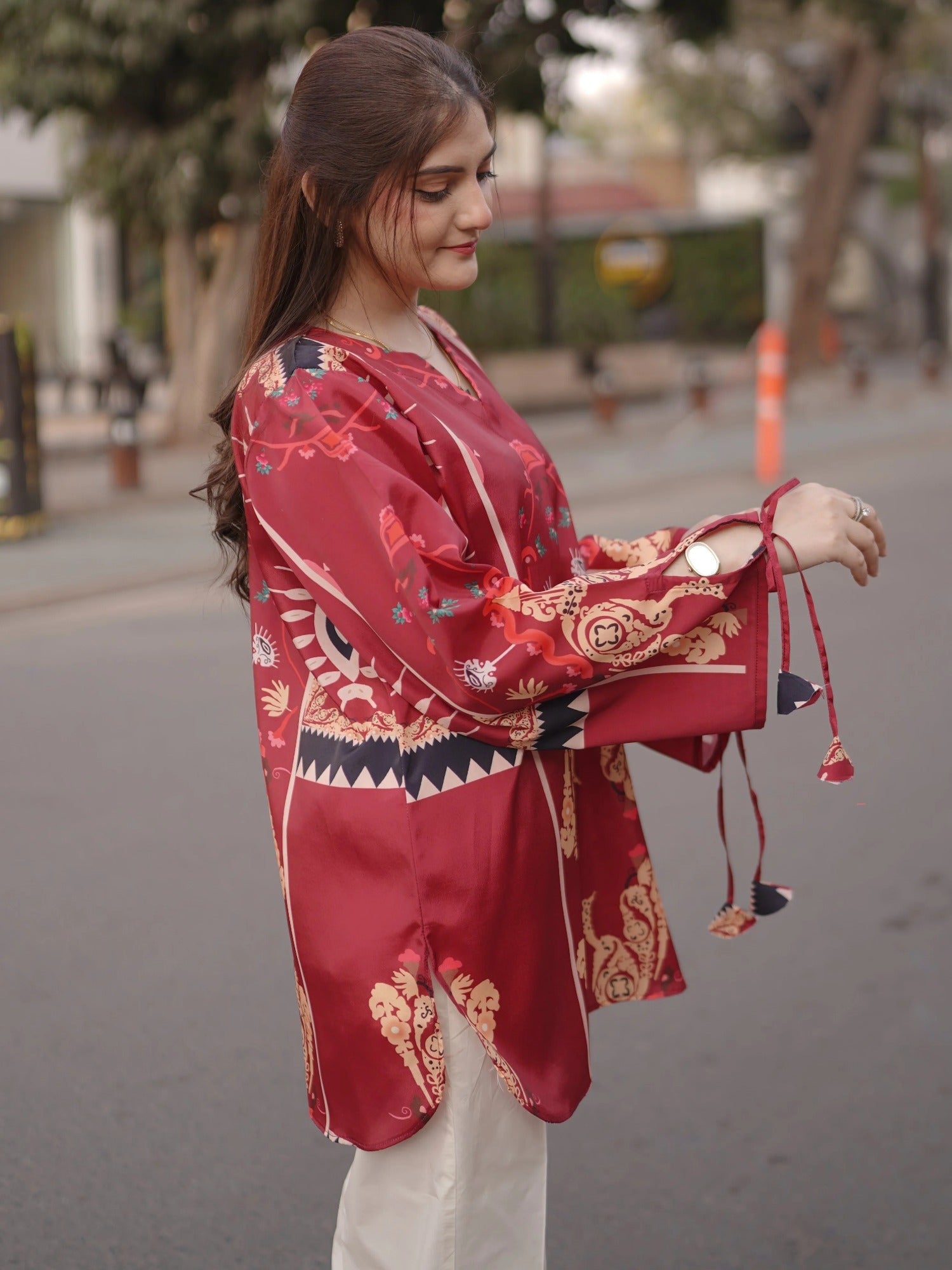 Cream Mahroon MH Cloth House Blended Lawn Printed Co-Ord Set-Saffron Flame