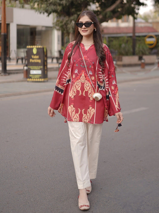 Cream Mahroon MH Cloth House Blended Lawn Printed Co-Ord Set-Saffron Flame