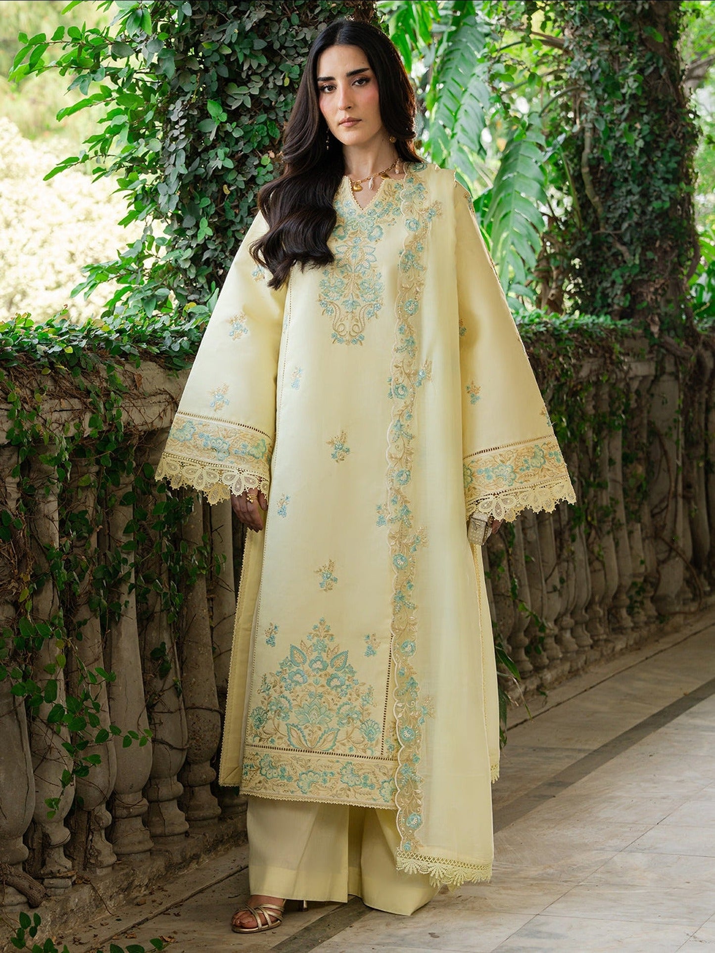 Yellow Mahnur Amaya Lawn'26 Embroidered Unstitched 3-Piece Suit-MU-02