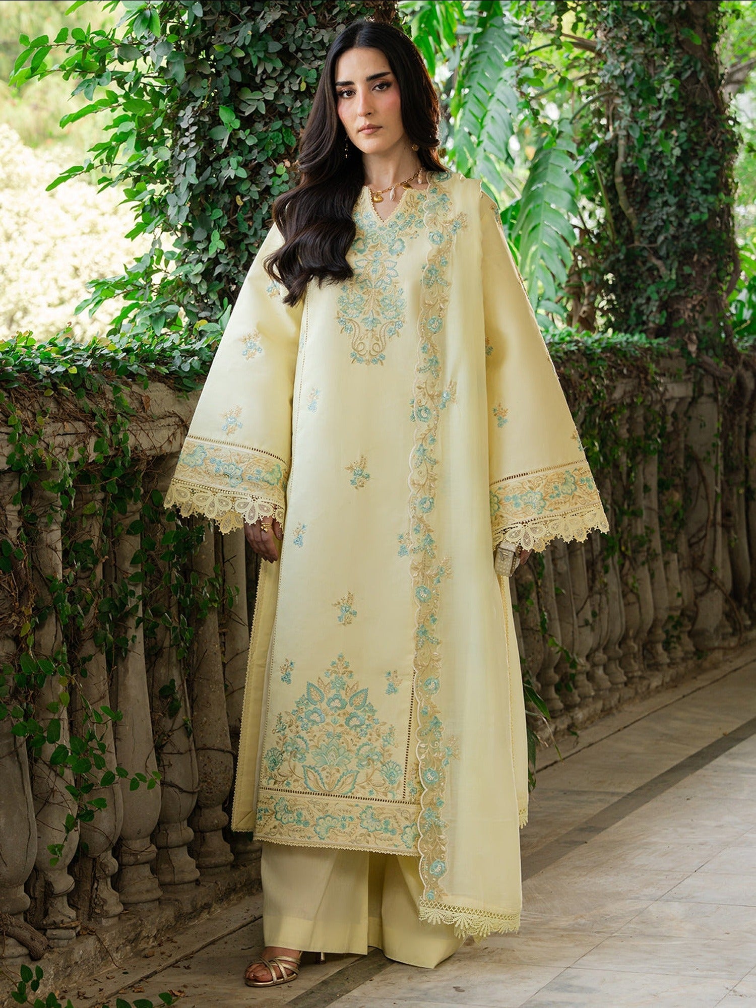 Yellow Mahnur Amaya Lawn'26 Embroidered Unstitched 3-Piece Suit-MU-02