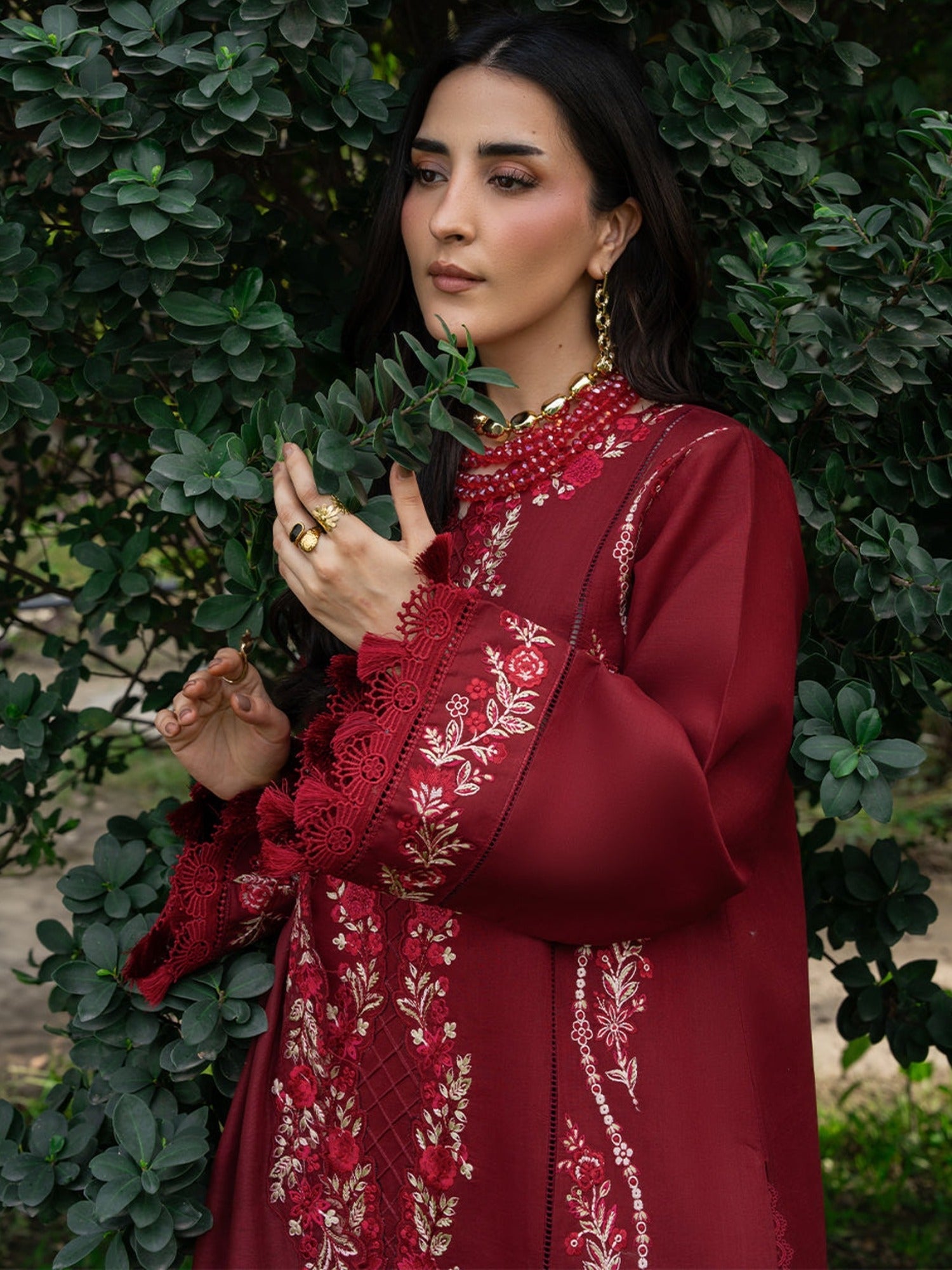 Maroon Mahnur Amaya Lawn'26 Embroidered Unstitched 3-Piece Suit-MU-09
