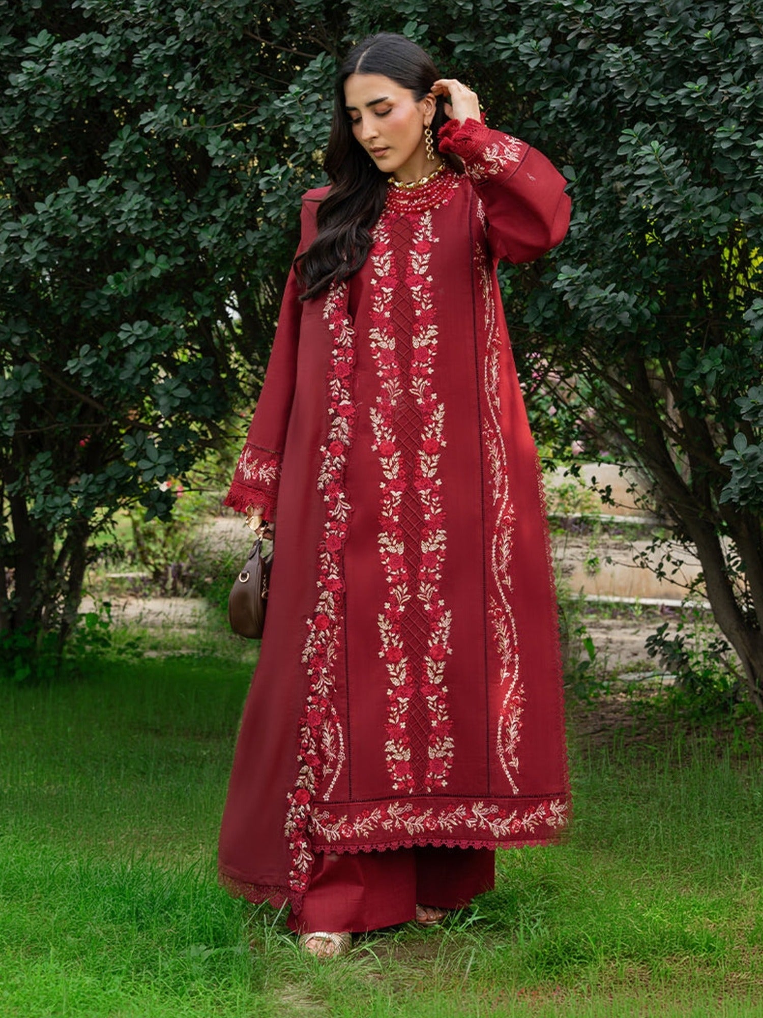 Maroon Mahnur Amaya Lawn'26 Embroidered Unstitched 3-Piece Suit-MU-09