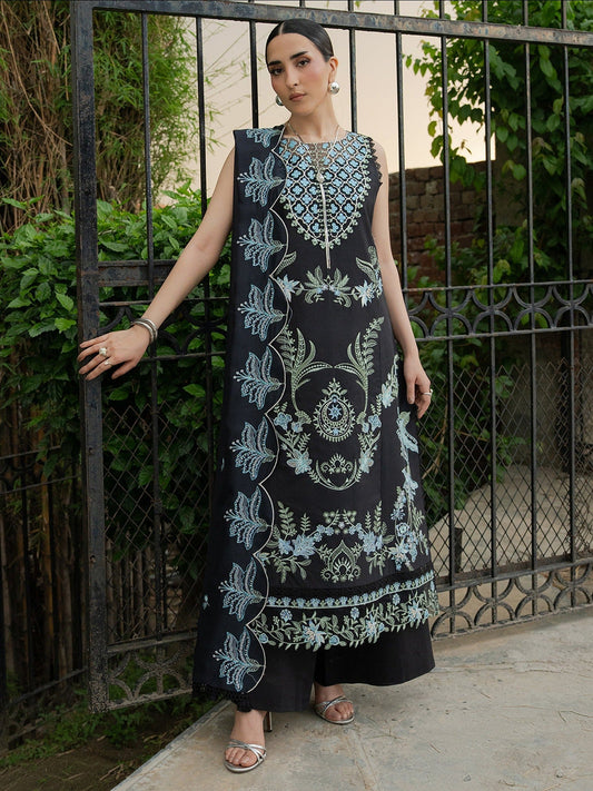 Black Mahnur Amaya Lawn'26 Embroidered Unstitched 3-Piece Suit-MU-11